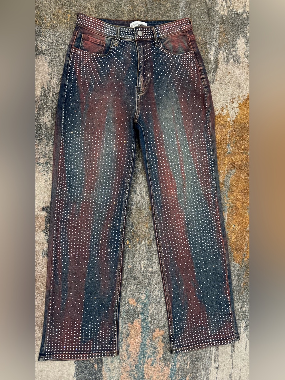 Fashion Nova Rhinestone Wide Leg Jeans Red Blue Denim